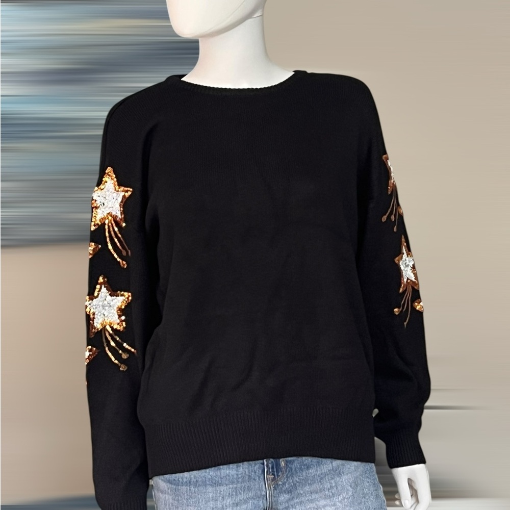 PEACH LOVE CALIFORNIA black gold star accents beautiful sweater S M L - Picture 7 of 10